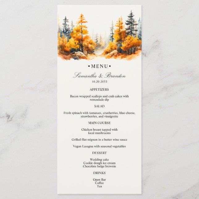Höstskog, Fall Woodland Bröllop Dinner Menu Meny (Framsida)