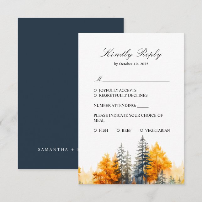 Höstskog, höstskogsbröllop, tallar svarskort OSA kort (Fram/baksida)