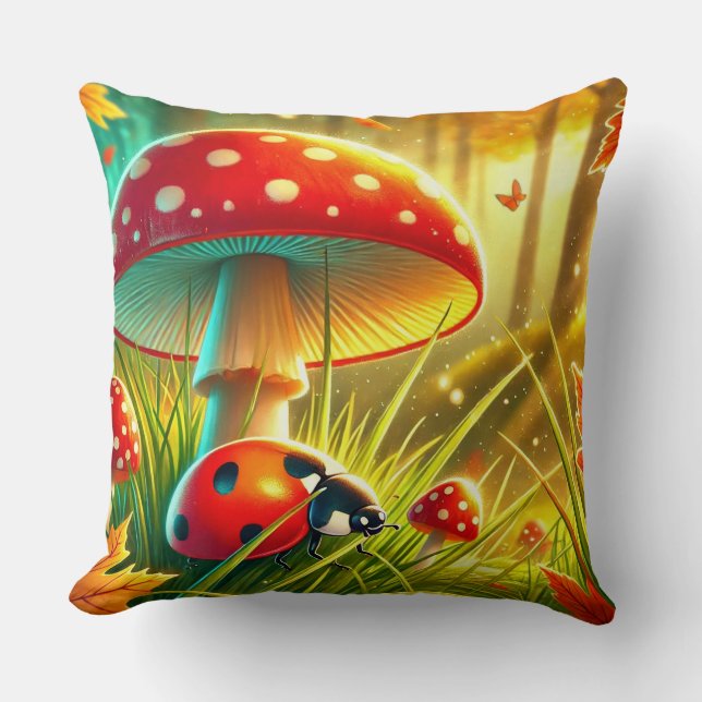 🐞 Höstskog Nyckelpiga & Amanita Scen Kudde (Framsida)