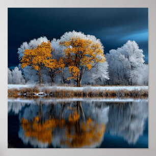 Höstskog Snöigt sjö Vinter Övergång Poster
