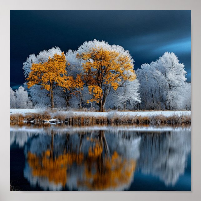 Höstskog Snöigt sjö Vinter Övergång Poster (Framsidan)