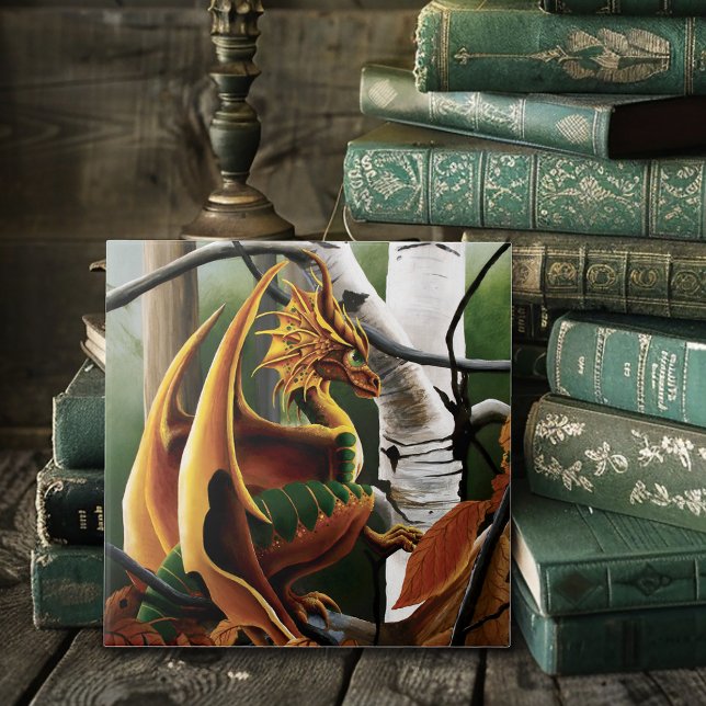 Höstskogs Amber Drak Björkträd Fantasy Kakelplatta (Skapare uppladdad)