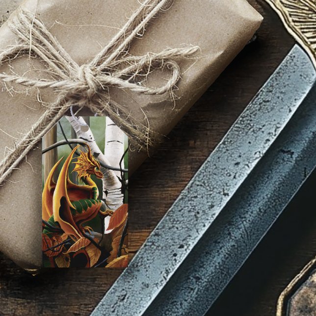 Höstskogs Amberdrake Björkträd Fantasy Presentetikett (Skapare uppladdad)