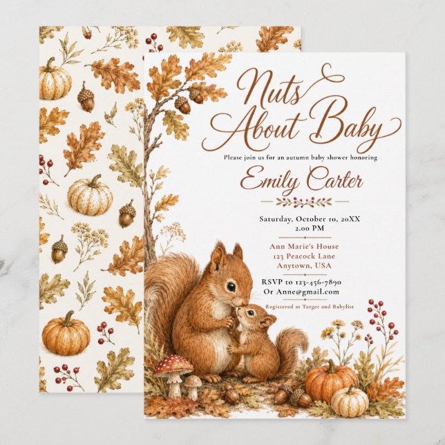 Höstskogs ekorre baby shower inbjudningar (Fram/baksida)
