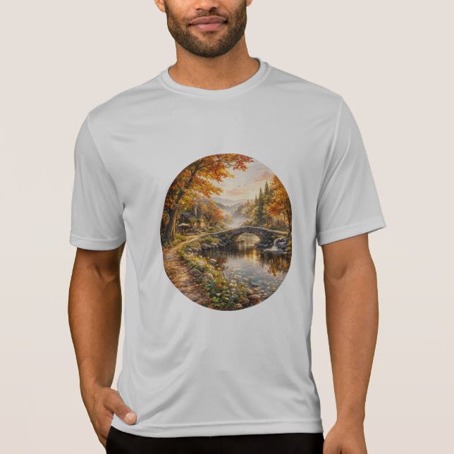 Höstskogs stenen bro flod soluppgång t shirt (Framsida)