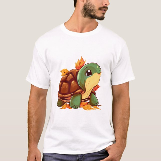 Höstsköldpadda Spaserar genom Fallande Löv T Shirt (Framsida)