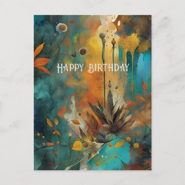 Höstskörd Teal Rost Guld Abstrakt Födelsedag Vykort (Framsida)