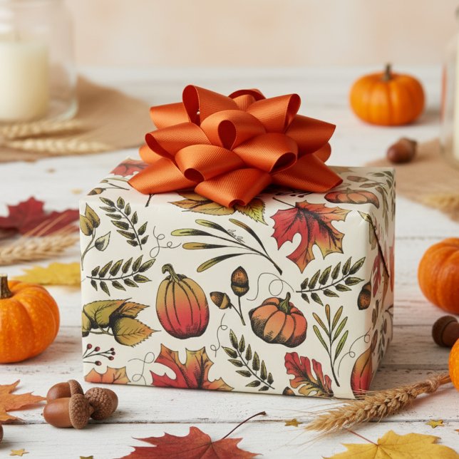 Höstskördepåvlar, akorns och Höst löv Presentpapper (Rustic Fall Harvest Pumpkin, Autumn Leaves & Berries Gift Wrap. October Birthdays or Thanksgiving )