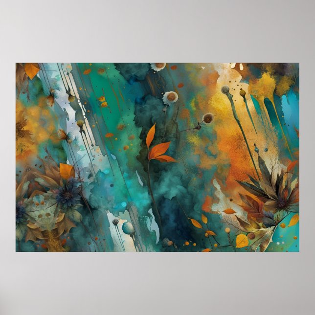 Höstskördsfärg Teal Rust Guld Abstrakt Poster (Framsidan)