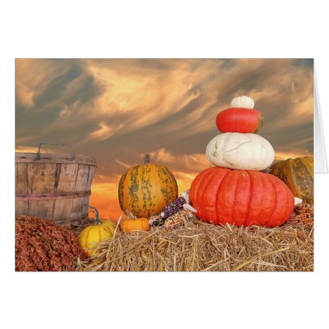 Höstsolnedgång med pumpor hälsningskort (Framsidan Horizontal)