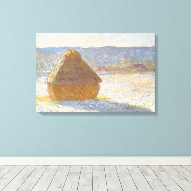 Höststack på morgonen, snöeffekt av Claude Monet Canvastryck (Insitu (trägolv))