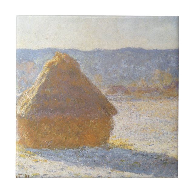 Höststack på morgonen, snöeffekt av Claude Monet Kakelplatta (Framsidan)