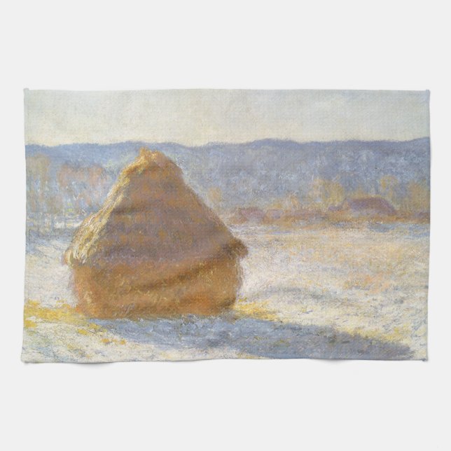 Höststack på morgonen, snöeffekt av Claude Monet Kökshandduk (Horisontell)