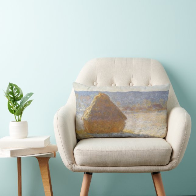 Höststack på morgonen, snöeffekt av Claude Monet Lumbarkudde (Stol)