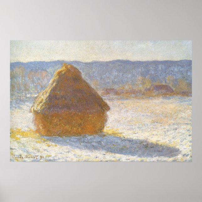 Höststack på morgonen, Snöeffekt av Claude Monet Poster (Framsidan)