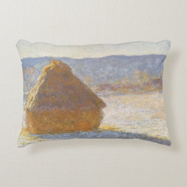 Höststack på morgonen, snöeffekt av Claude Monet Prydnadskudde (Framsidan)