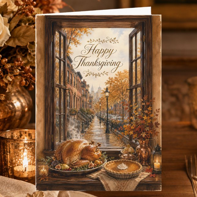 Höststadens bruna stenhus glada Thanksgiving-kort Helgkort (Skapare uppladdad)