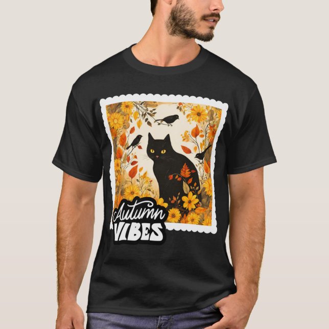 Höststämning Svarta Katt Solrosor och Höstfåglar T Shirt (Framsida)
