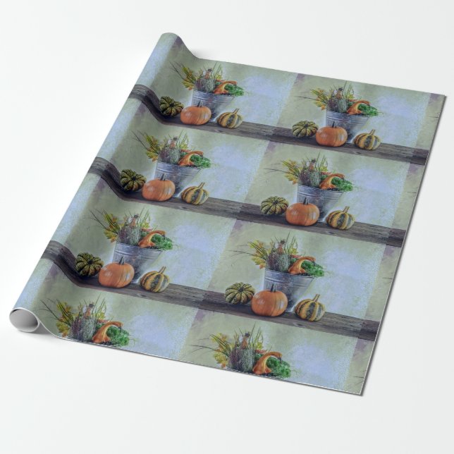 Höststilleben med pumpor, blommor presentpapper (Utrullad)