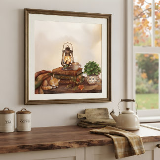 Höststuga Hygge, sovande kattunge & ångande Poster
