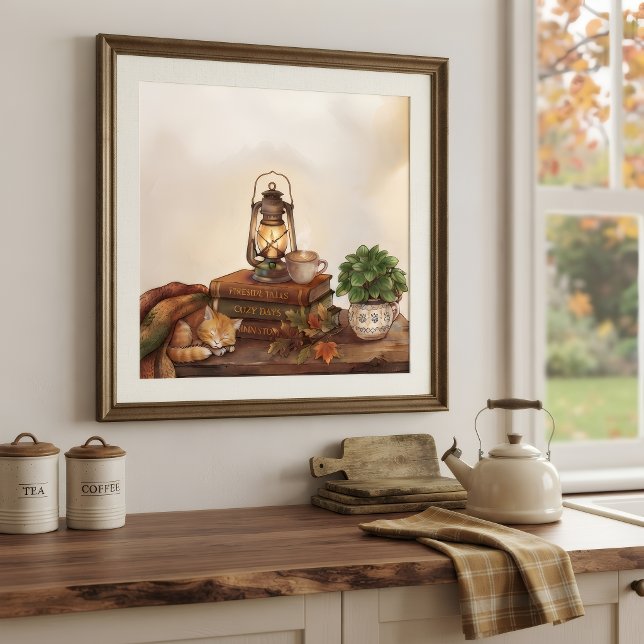 Höststuga Hygge, sovande kattunge & ångande  Poster (Skapare uppladdad)