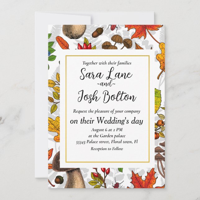 Höstsvampar, löv, nöt och bär på vete inbjudningar (Framsida)