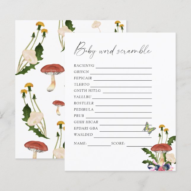 höstsvampar - Sätt ordet rätt baby shower spel (Fram/baksida)