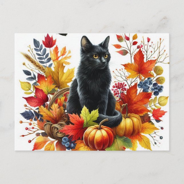 Höstsvart katt och säsongsblad vykort (Framsida)
