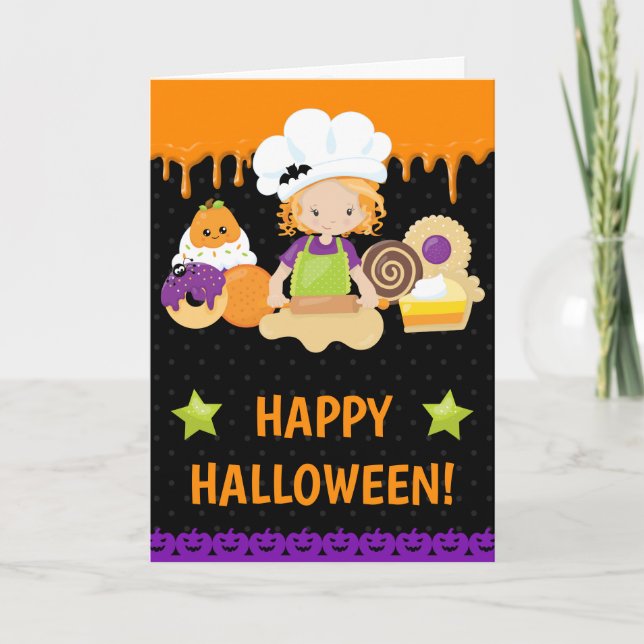 Hösttårta Bakning Rödhårig Tjej Glad Halloween Kort (Framsida)