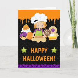 Hösttårta Bakning Rödhårig Tjej Glad Halloween Kort