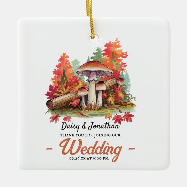 Hösttema med svampvattenfärg bröllop julgransprydnad keramik (Framsida)