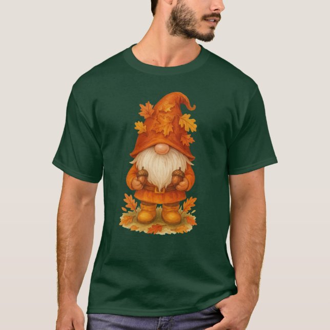 Hösttomte med ekollon och höstlöv mysiga hav t shirt (Framsida)