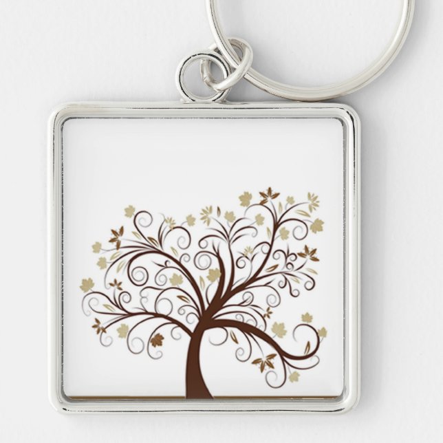 Höstträd Keychain Fyrkantig Silverfärgad Nyckelring (Framsidan)