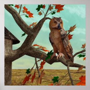 Höstuggla lönnträd Wildlife Art Poster