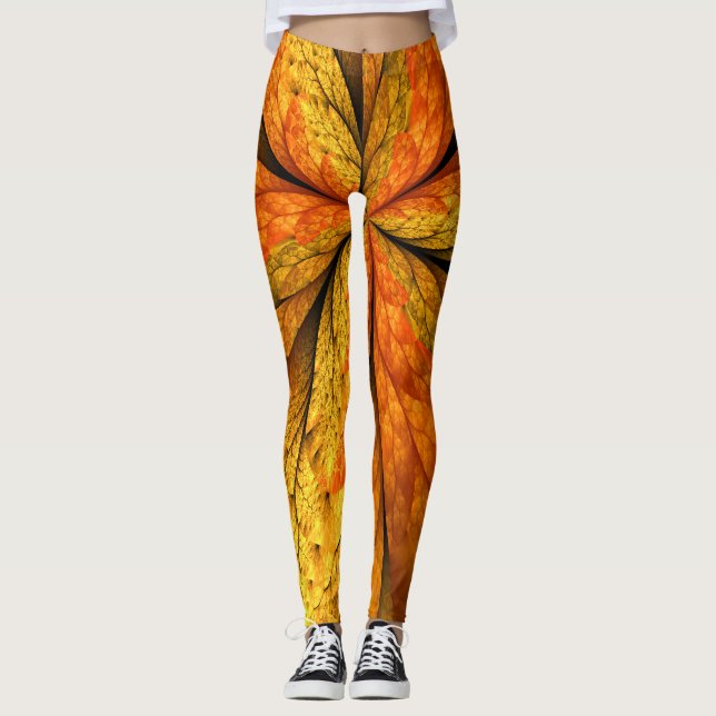 Höstväxt, Modern Abstrakt Fractal Art Löv Leggings (Framsida)