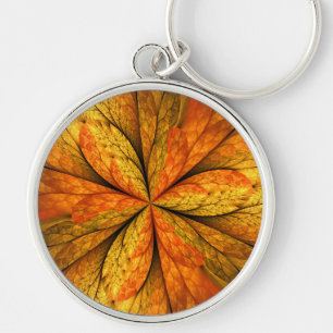 Höstväxt, Modern Abstrakt Fractal Art Löv Rund Silverfärgad Nyckelring