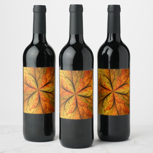 Höstväxt, Modern Abstrakt Fractal Art Löv Vinflaska Etikett (Flaskor)