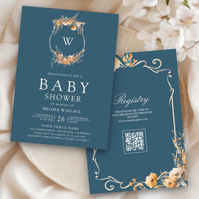 Höstvildblomma QR-kod dammig blå baby shower Inbjudningar (Skapare uppladdad)