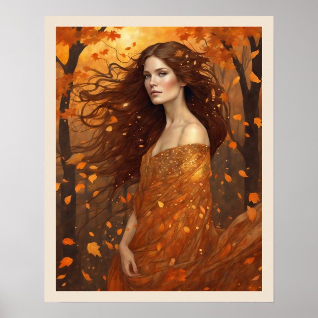 HöstVind Kvinna i Skogen Art Nuevo-utskrift Poster (Framsidan)