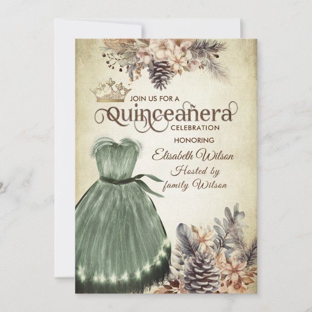 Höstvintagens elegant blommigt tiara Quinceañera Inbjudningar (Framsida)
