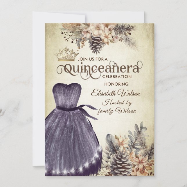 Höstvintagens elegant blommigt tiara Quinceañera Inbjudningar (Framsida)