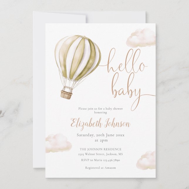 Hot Air Balloon All In One Neutral Baby Shower Inbjudningar (Framsida)