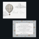 Hot Air Balloon Boy Baby Shower Thank You Anteckningskort<br><div class="desc">This boho chic "Adventure Awaits" boy's baby shower thank you note card features a blue hot air balloon and clouds. The reverse side features a baby blue background with star patterns. Personalize it for your needs. You can find matching products at my store.</div>