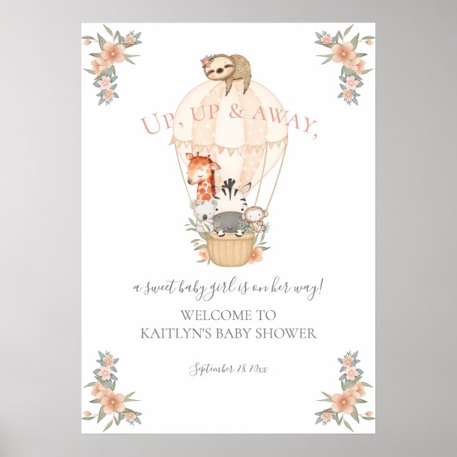 Hot Air Balloon Cute Animals Giraffe Sloth Zebra Poster (Framsidan)