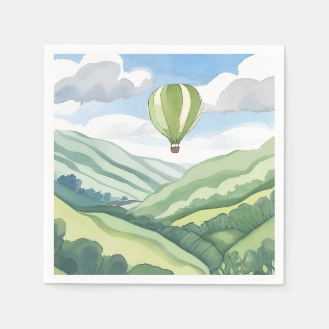 Hot Air Balloon | Green Watercolor Landscape Pappersservett (Framsidan)