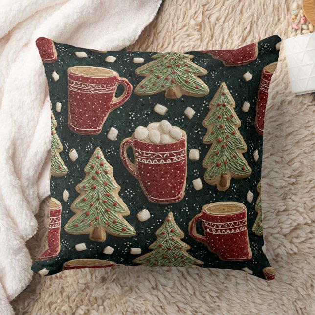 Hot Chocolate Mugs And Christmas Tree Cookies Kudde (Filt)