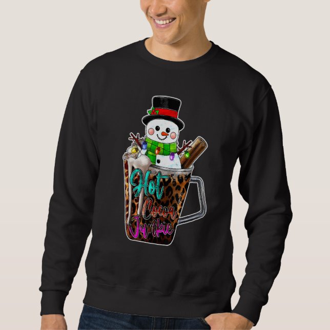Hot Cocoa Junkie Leopard Cute Snowman Merry Christ Lång Ärmad Tröja (Framsida)