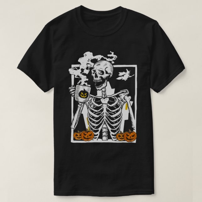 Hot Coffee Skeleton Drinking Funny Halloween Skull T Shirt (Design framsida)