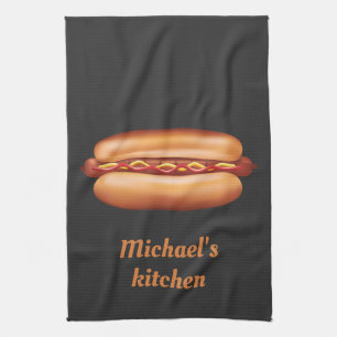 Hot Dog Snabbmat Illustration Med Anpassad Text Kökshandduk