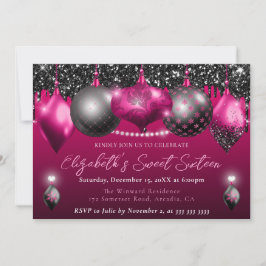 Hot Pink and Black Christmas Ornament Sweet 16 Inbjudningar